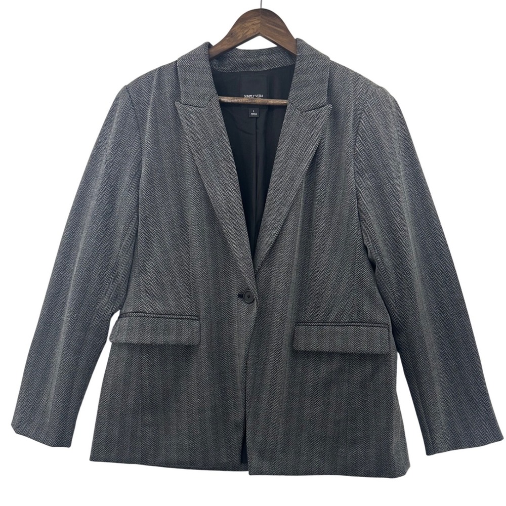 Simply Vera Vera Wang Blazer Women L Grey Excellent Herringbone Single Button
